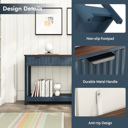 HOKYHOKY Fluted Console Table with Drawers, 47.1" Entryway Table, Blue