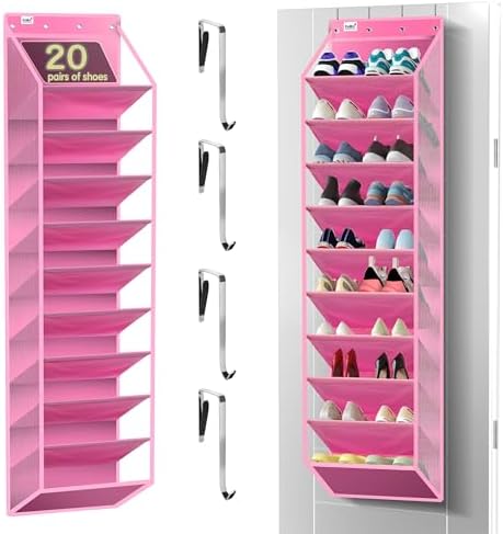 Kotkn 10 Tier Over The Door Organizer - Heavy Duty Hanging Storage Rack with Sturdy Oxford Fabric, Holds 20+ Pairs of Footwear, Boots & Sneakers, Saves 50% Closet Space! (Pink)