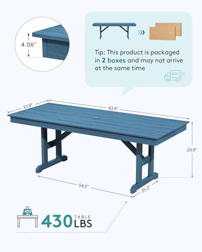 SERWALL Outdoor 84" HDPE Rectangular Dining Table for 6-8,All-Weather,Blue