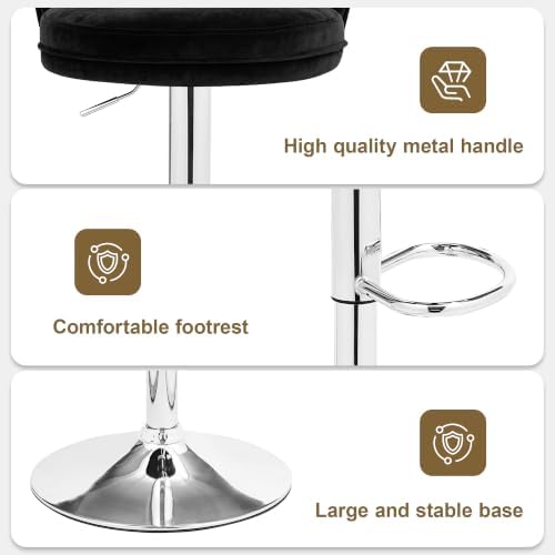 VECELO Bar Stools Set of 2, Adjustable Barstools with Back, Velvet Armless Counter Height Stool Kitchen Island Stool Swivel Bar Chairs for Pub Dining Room Living Room, Black