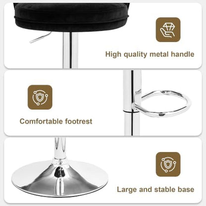 VECELO Bar Stools Set of 2, Adjustable Barstools with Back, Velvet Armless Counter Height Stool Kitchen Island Stool Swivel Bar Chairs for Pub Dining Room Living Room, Black