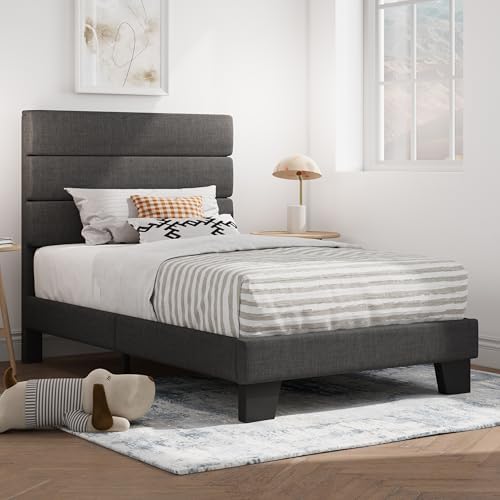 SHA CERLIN Twin Platform Bed Frame with Upholstered Fabric Headboard, Grey