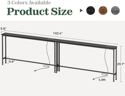 SUPERJARE 102.4 inch Narrow Behind Couch Table with Charging Stations