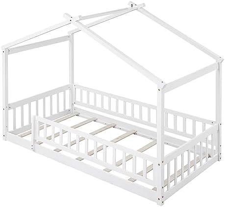 Merax Twin Size Wooden House Bed with Fence, Wood Bed Frame with Roof and Safety Guardrail for Kids, Teens, Boys or Girls, White