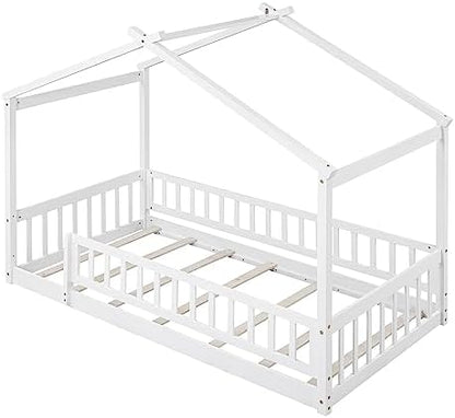 Merax Twin Size Wooden House Bed with Fence, Wood Bed Frame with Roof and Safety Guardrail for Kids, Teens, Boys or Girls, White