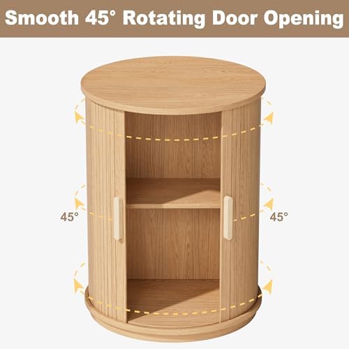 Side Table with Storage for Living Room, Round End Table with Sliding Tambour Door, Wood Night Stand Nightstand Bedside Table for Bedroom, Small Round Side Table, Mid Century Modern, Light Oak