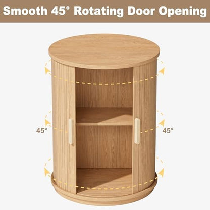 Side Table with Storage for Living Room, Round End Table with Sliding Tambour Door, Wood Night Stand Nightstand Bedside Table for Bedroom, Small Round Side Table, Mid Century Modern, Light Oak