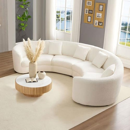 141" Luxury Curved Boucle Modular Sectional Sofa, Modern Style Oversized 4-Seater Polyester Tight Back Couch with 4 Pillows and Round Arms, Easy Assembly, for Apartment, Living Room, White