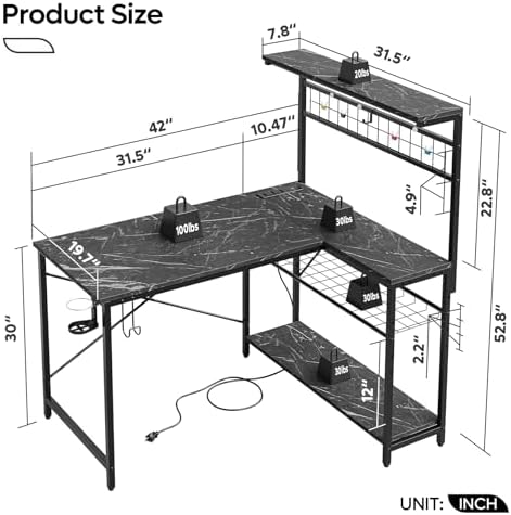 Bestier 42 Corner Computer Desk with Power Outlets LED Lights, Black Marble
