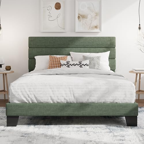 SHA CERLIN Queen Platform Bed Frame with Upholstered Fabric Headboard,Green