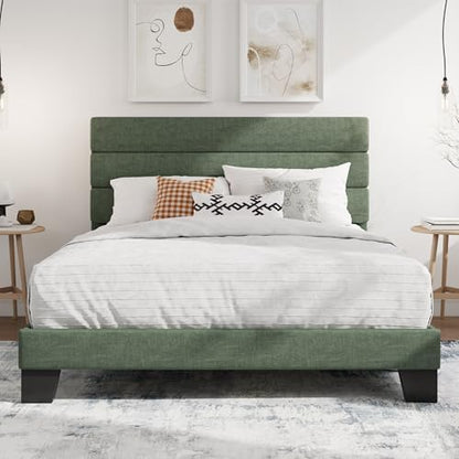 SHA CERLIN Queen Platform Bed Frame with Upholstered Fabric Headboard,Green