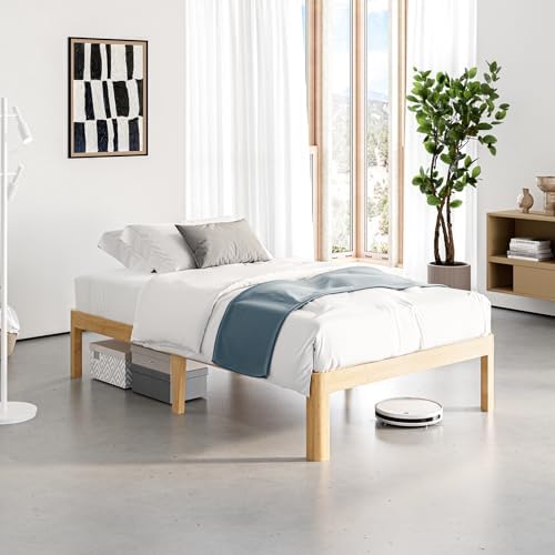 14" Bamboo Wood Twin Bed Frame Platform with Metal Slat Support, Natural