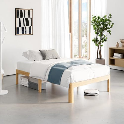 14" Bamboo Wood Twin Bed Frame Platform with Metal Slat Support, Natural