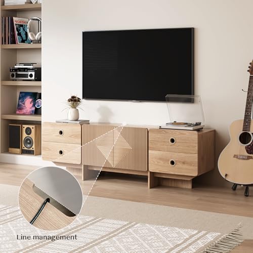 JOINICE 66" Fluted TV Stand, Boho TV Consoles for Living Room, Modern Entertainment Center with Storage, Media Console Cabinet for 75 inch TV(Oak)