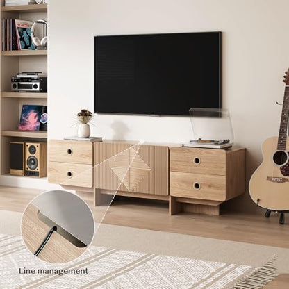 JOINICE 66" Fluted TV Stand, Boho TV Consoles for Living Room, Modern Entertainment Center with Storage, Media Console Cabinet for 75 inch TV(Oak)