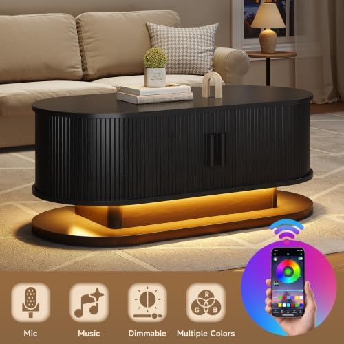 ONBRILL 43.3" Oval Floating Coffee Table with LED Light, Black