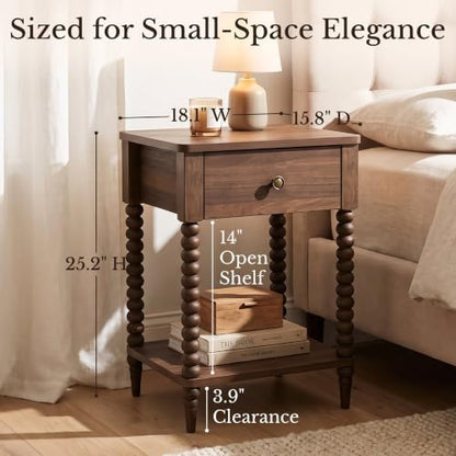 Walnut Brown Nightstands Set of 2, 25" H, Drawer & Shelf