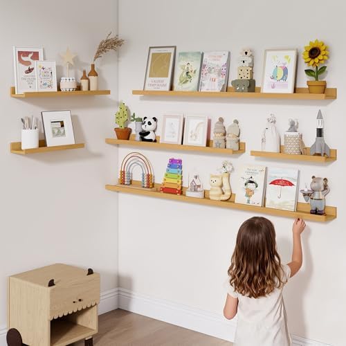 Heimlove Picture Ledge Shelf,48 inch Long Floating Shelves for Wall Set of 4,Picture Shelf with Lip for Wall Decor,Living Room,Bedroom,Bookshelf,Nursery,Perfume,Oak Color