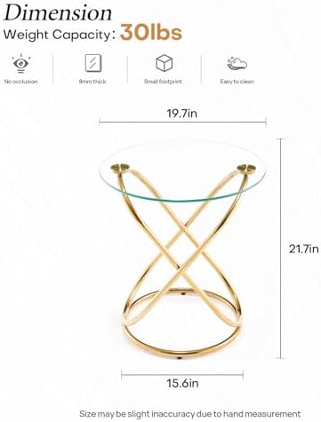 19.7" Round Glass Side Table with Metal Frame, Gold