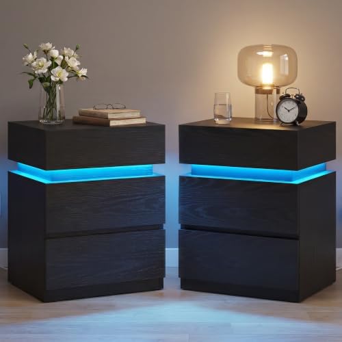 VASAGLE LED Nightstand with Charging Station, Set of 2, 3 Drawers