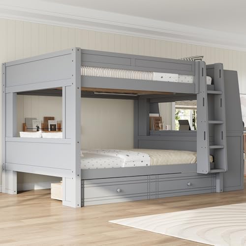 Full Over Full Bunk Bed with Desk,Drawers, Bookshelves,Gray