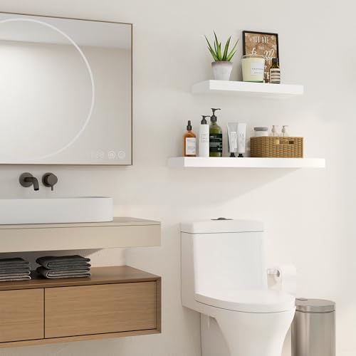 Floating Shelves, 9.3'' Deep Solid Pine Wood Wall Shelves for Storage, Wall Mounted Display Shelf with Invisible Heavy-Duty Metal Bracket, 36'' Width Set of 2, White