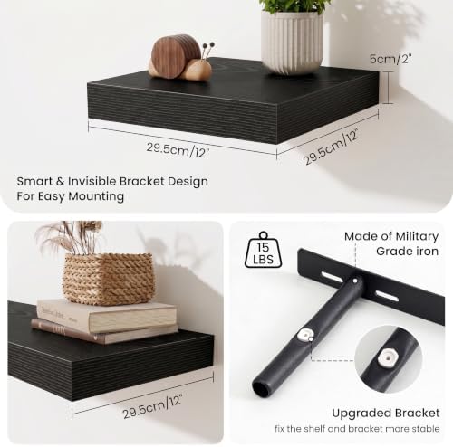 Floating Shelves for Wall 12 Inch, 12 Inch Deep Square Wall Shelves, Bathroom Storage Shelves Over Toilet, Wood Floating Shelves for Living Room Bedroom, Black, Set of 3