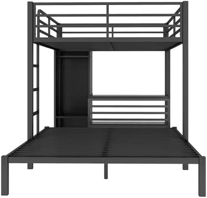 Queen Over Queen Size Metal Bunk Bed Frame with Built-in Wardrobe, Desk and Storage Chairs, Perfect for Kids Teens Adults