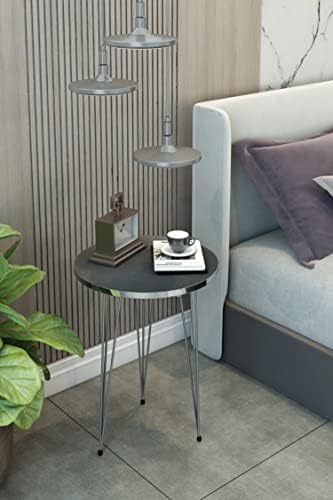 Set of 2 End Table - High Gloss Grey Wood Round Sofa Side Coffee Tables for Small Spaces, Nightstand Bedside Table with Metal Silver Legs for Small Spaces