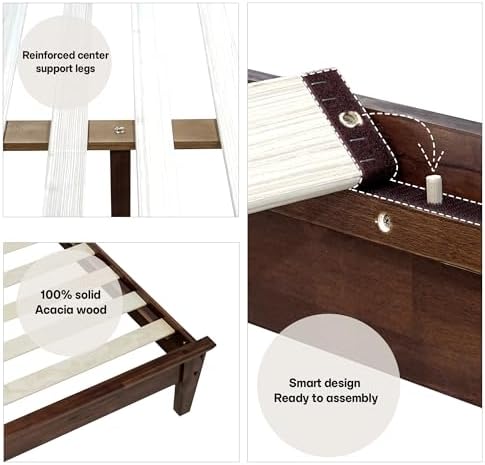 Acacia Kaylin Bed Frame with Headboard Solid Wood Platform Bed, King Bed Frame, Themed Headboard Wood Bed Compatible with All Mattress Types, No Box Spring Needed, Quick & Easy Assembly, Chocolate.