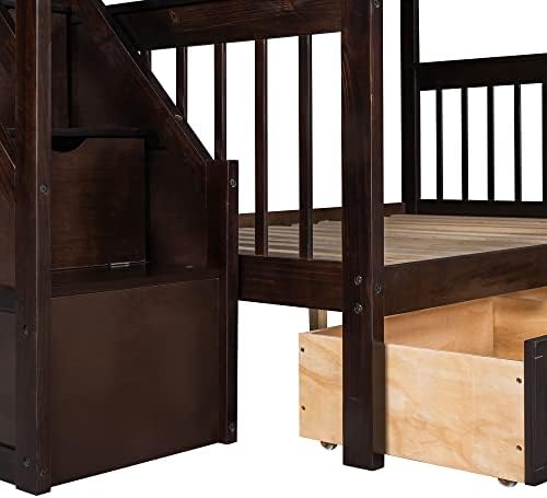 Wood L-Shaped Bunk Bed with Loft Bed Attached for 3 Kids,Twin Over Full Corner Bunk Beds with 3 Drawers, Ladder and Staircase,No Box Spring Needed (Espresso/L+A)