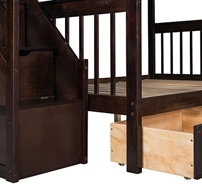 Wood L-Shaped Bunk Bed with Loft Bed Attached for 3 Kids,Twin Over Full Corner Bunk Beds with 3 Drawers, Ladder and Staircase,No Box Spring Needed (Espresso/L+A)