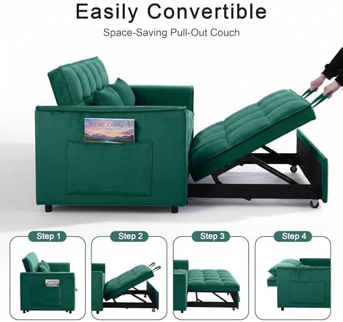53" Sofa Bed, Velvet 3-in-1 Pull Out Couch & Loveseat Sleeper Sofa, Compact Convertible Folding Couch with Adjustable Backrest for Small Spaces (Green)