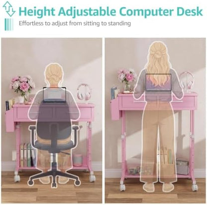 Pink Rolling Desk with Drawers, Small Height Adjustable Girls Standing Desk