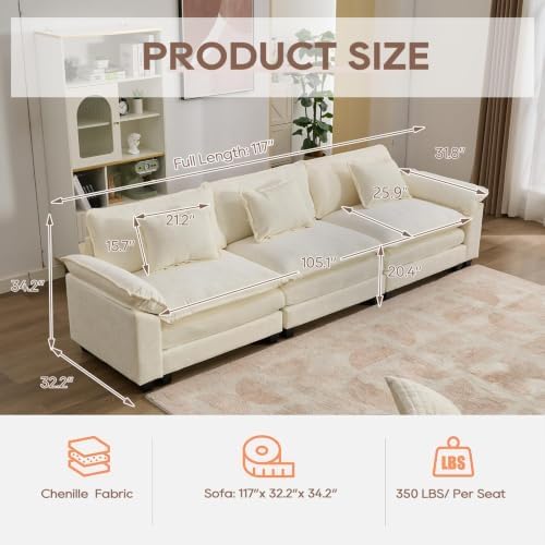 IPKIG 117" Modular Sectional Cloud Couch, Modern I-Shaped 3 Seater Sofa