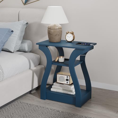 End Tables Living Room, End Table with Charging Station Navy Blue