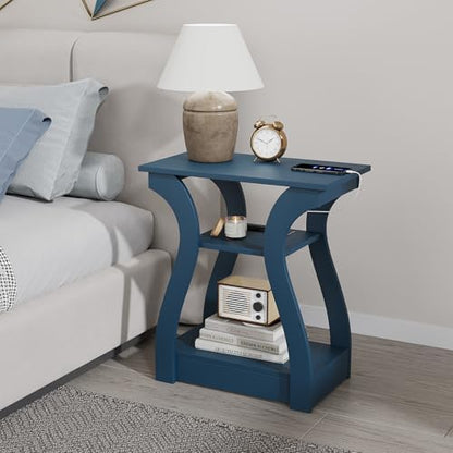End Tables Living Room, End Table with Charging Station Navy Blue