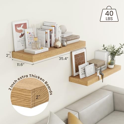 FLYJOE Deep Floating Shelves, 36'' x 12'' Oak Shelves for Wall Set of 2