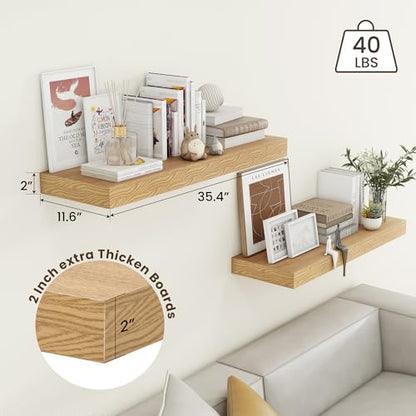 FLYJOE Deep Floating Shelves, 36'' x 12'' Oak Shelves for Wall Set of 2