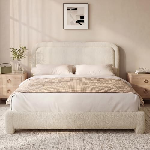 Vipbear Boucle Queen Size Bed Frame with Adjustable Headboard, Upholstered Platform Bed Frame with Wood Slats, Noise-Free Cloud Queen Bed, No Box Spring Required, Easy Assembly, Beige