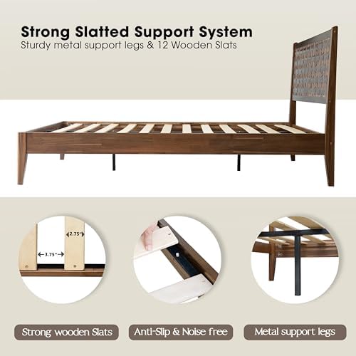 Queen Size Platform Bed with Headboard & Footboard, Solid Wood Bed Frame, Central Metal Legs, 12 Reinforced Slatted, Noise-Free & Anti-Slip, No Box Spring Needed, Easy Assembly, Walnut Finish ORQ-37