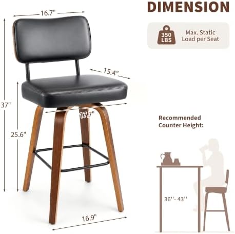 Garvee Counter Height Bar Stools Set of 3, 26" Swivel Bar Stools with Back & Bentwood Legs,Faux Leather Upholstered Counter Stools for Kitchen Counter, Black