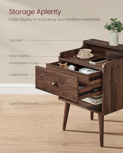 VASAGLE Nightstands, Set of 2, with Hidden Drawers, Solid Wood Legs