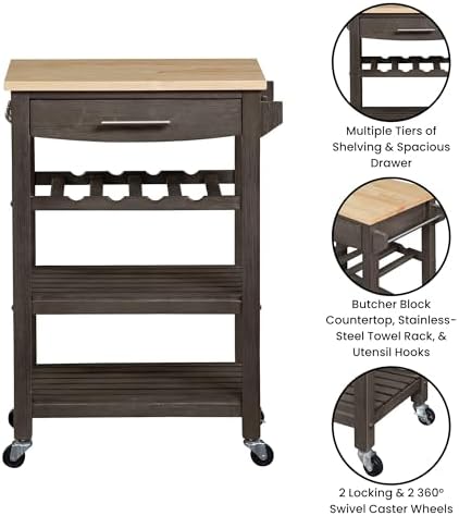 Convenience Concepts Ellaine 4 Tier Kitchen Cart with Drawer and Wine Rack, 24.75 x 16.5 x 34.5, Wirebrush Dark Gray/Butcher Block