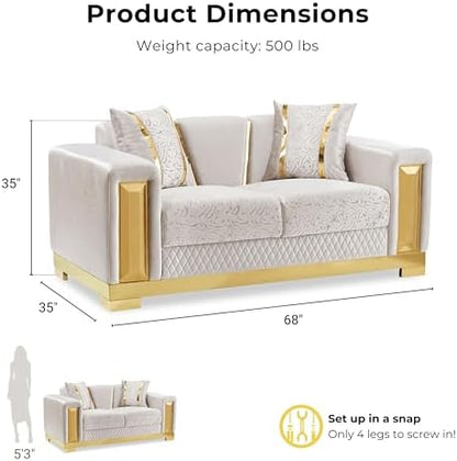 Furniture of America Samison II Glam 2-Piece Solid Wood Upholstered Sofa Set with Accent Pillows, Damask Pattern and Gold Base, Comfortable Couch and Loveseat for Living Room, Bedroom, Office, Beige