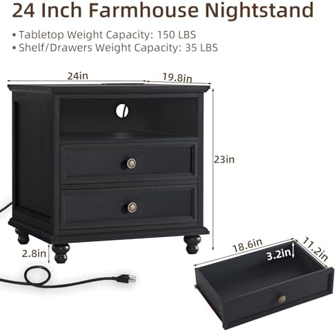 Joaxswe 24" Wide Farmhouse Nightstand Set of 2 with Charging Station,End Table with 2 Drawers,Black Wood Dresser for Bedroom Cabinet, Bed Side Table Chest of Drawers, Night Stand for Living Room