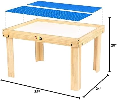 NILO Kids Activity Table Set with 2 Compatible with/Replacement for Detachable Double-Sided Baseplates/Boards/Mats Lego Duplo (N34 Play Table Without Holes, 24x32x20 and 2X Blue Base Plates 12x32)