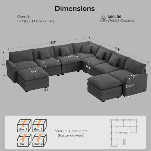 Oversized Cloud Couch Sectional, Deep Seat Modular Sofa with Ottoman, Grey