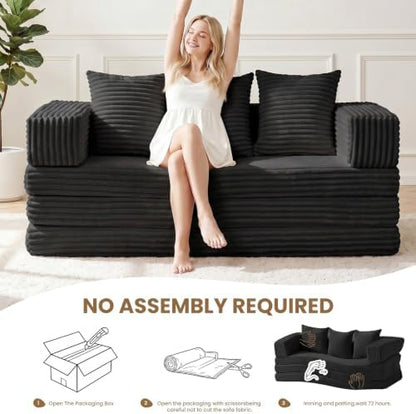 Convertible Sofa Bed,3 Seater Couch Futon Sleeper Sofa with Removable Armrests Backrest,Corduroy Folding Floor Boneless Couch for Living Room,Small Space,Black
