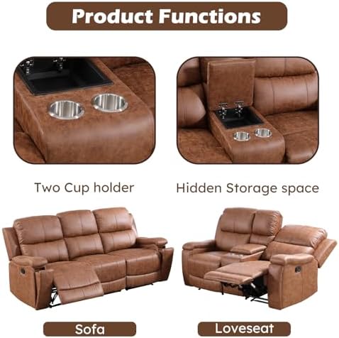 CANMOV Manual Reclining Loveseat with Console,Faux Leather Double Recliner Loveseat Sofa with Hidden Storage and Cup Holders,Manual Recliner Loveseat Couch Set for Living Room,Brown